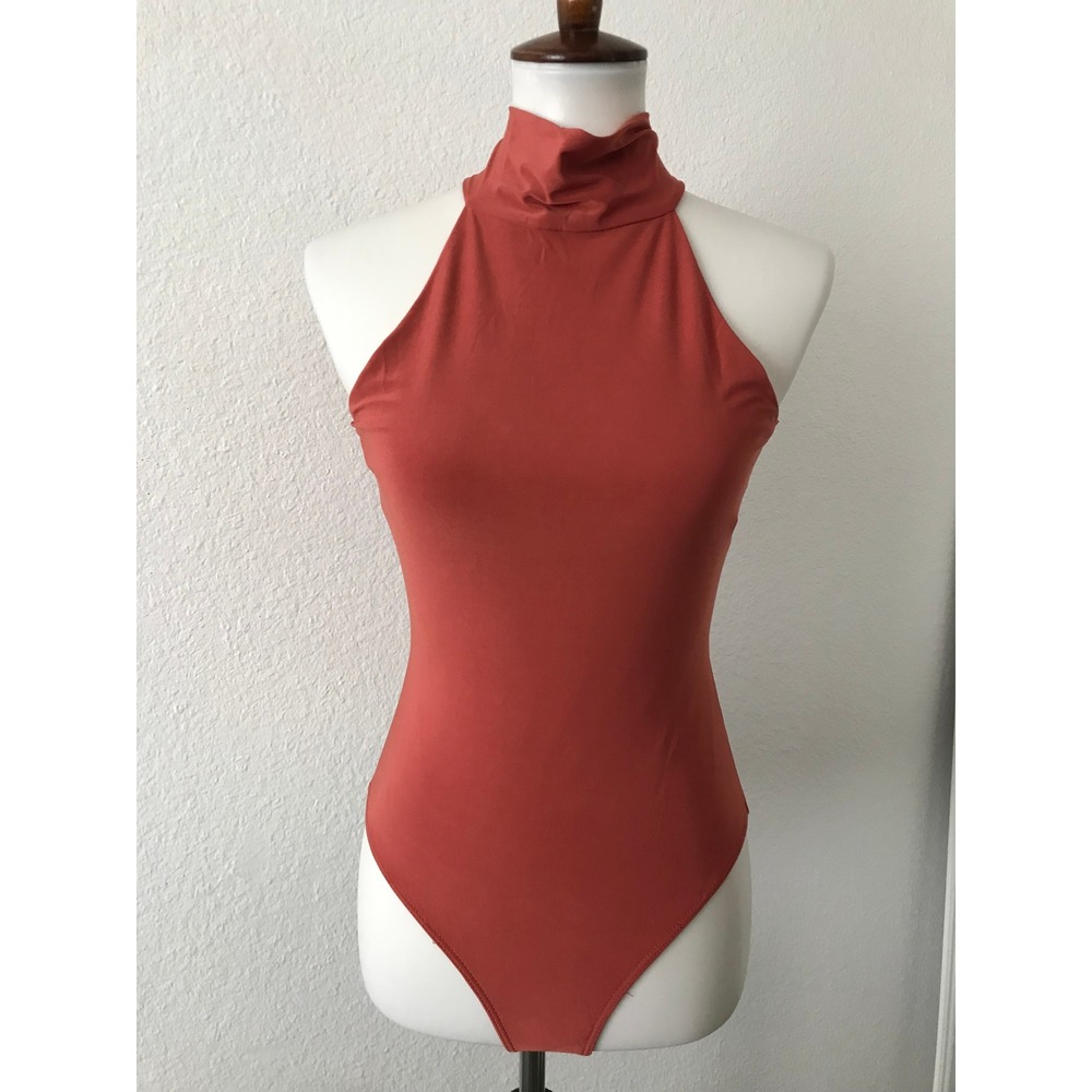 21 Saints Bodysuit Women M Terracotta High Neck Halter Open Back Minimalist NWT